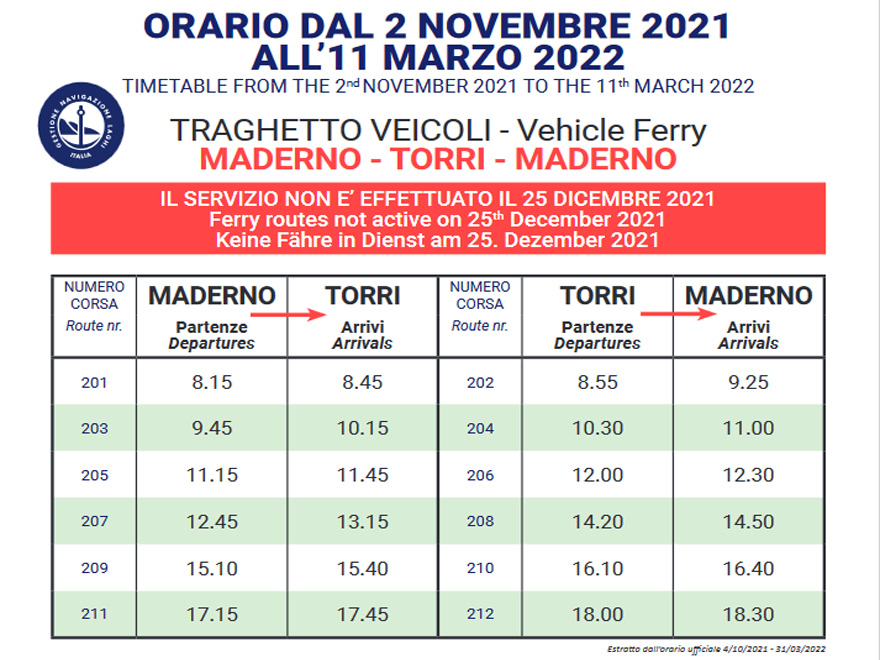 Fahrpläne und Preise Schifffahrt Torri del Benaco - Toscolano Maderno sul Garda. Fähre am Gardasee Fahrplan fähre Torri Maderno